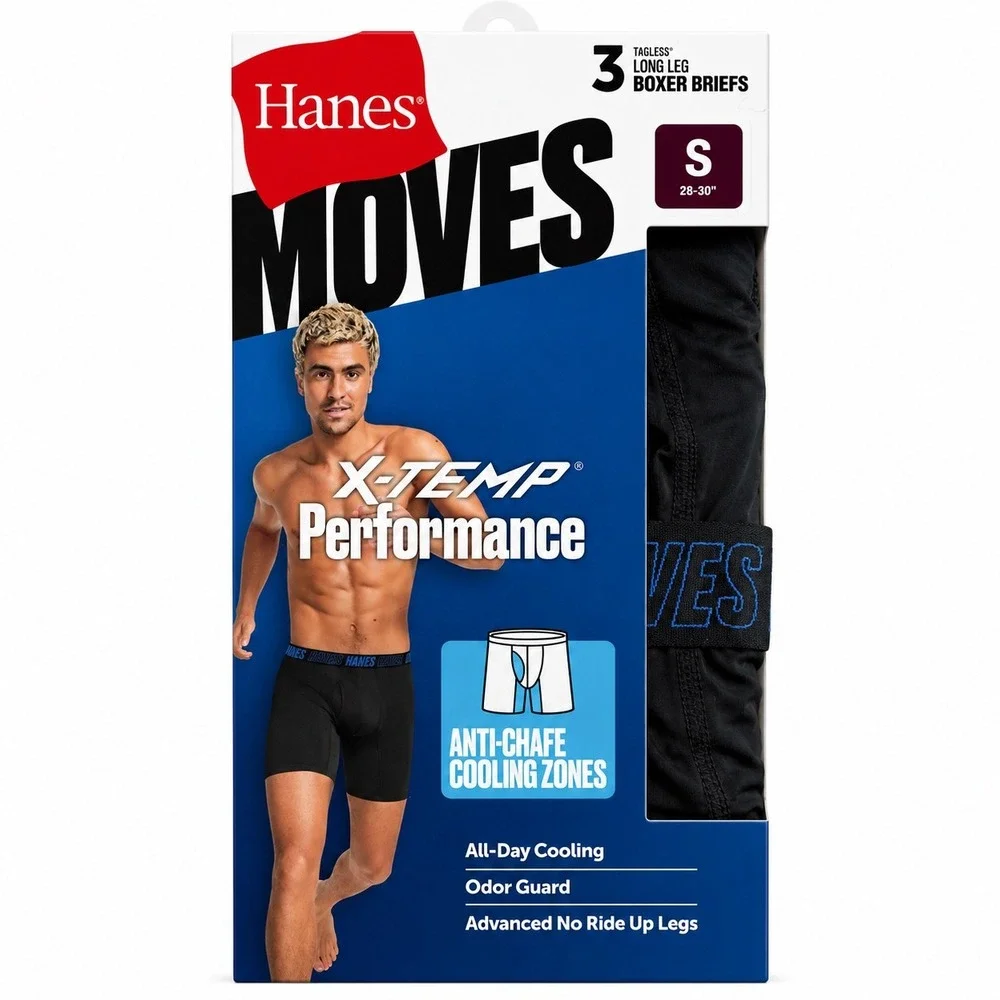 Hanes Moves X-Temp Performance Mens 3 Pack Long Leg Boxer Briefs Small underwear